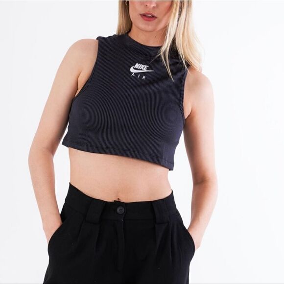 Nike Air Rib Cropped Tank Top Black Grey White Size Large L CZ9341 010 Slim Fit - Picture 5 of 16